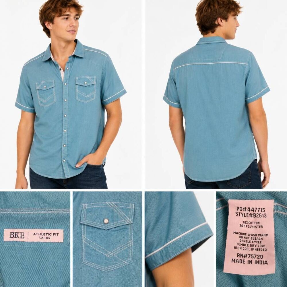 BKE Teal Snap Button Shirt Short Sleeve Athletic Fit Men L